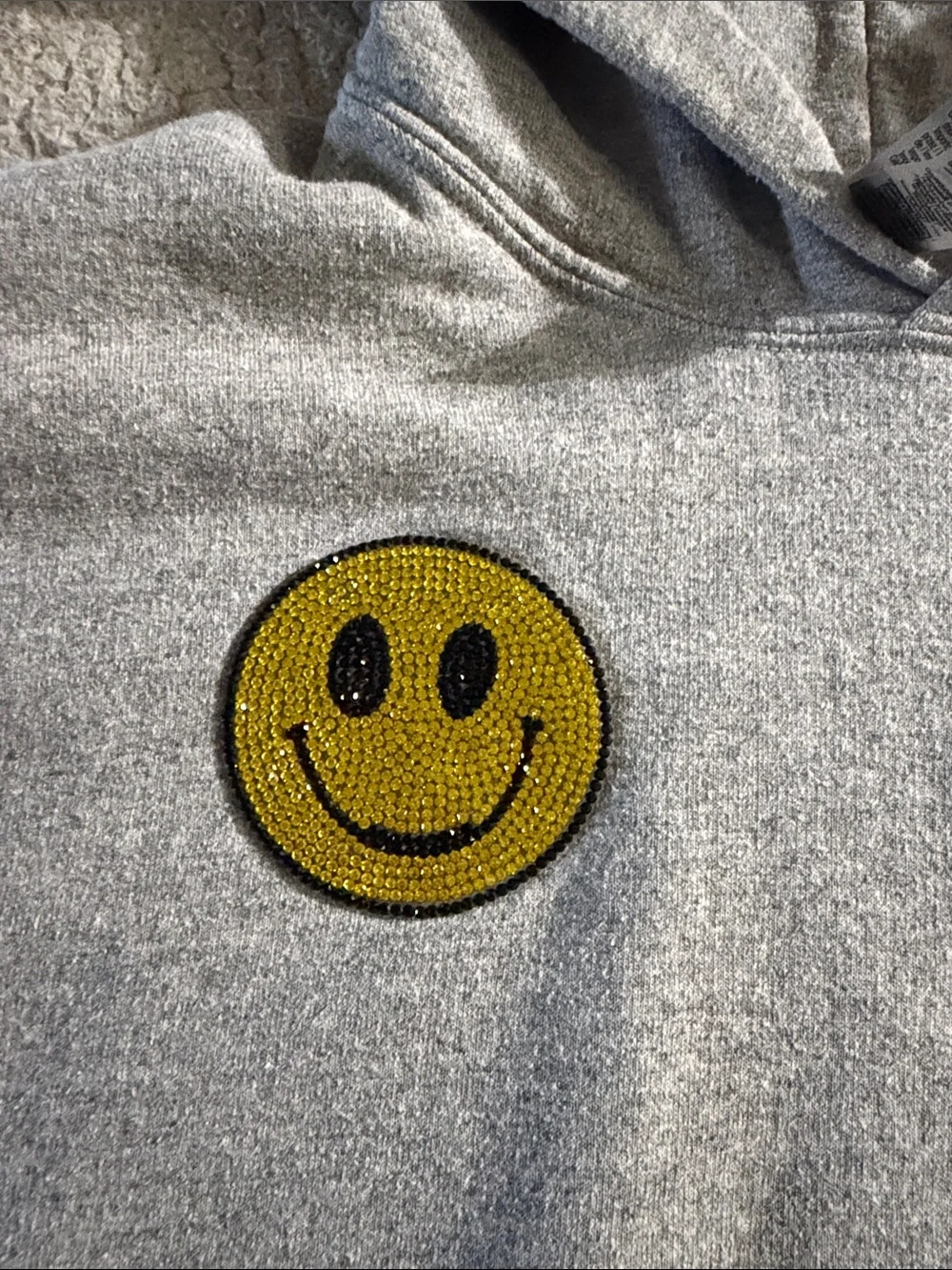 Gildan Light Gray Hoodie with Yellow Rhinestone Smiley Patch Medium
